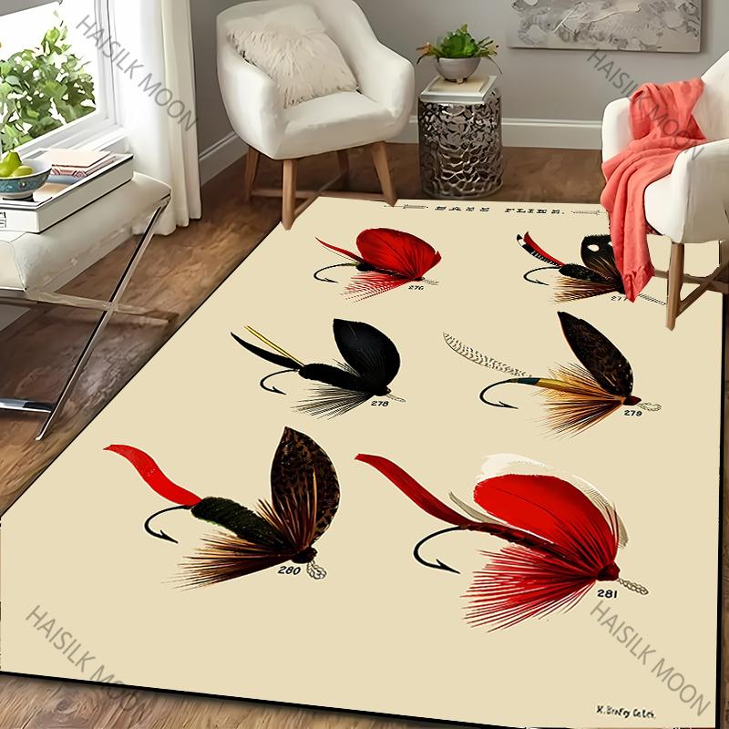 3D Fish Bait Pattern Carpet Bedroom Floor Living Room Bed Office Mat, Non-slip Exquisite Home Decor Durable Machine Washable Rug