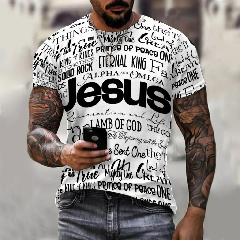 New Fashionable Letter Jesus Printed 3D Graphic Men's T-shirt Fashionable Street Round Neck Short Sleeved Casual Top T-shirt