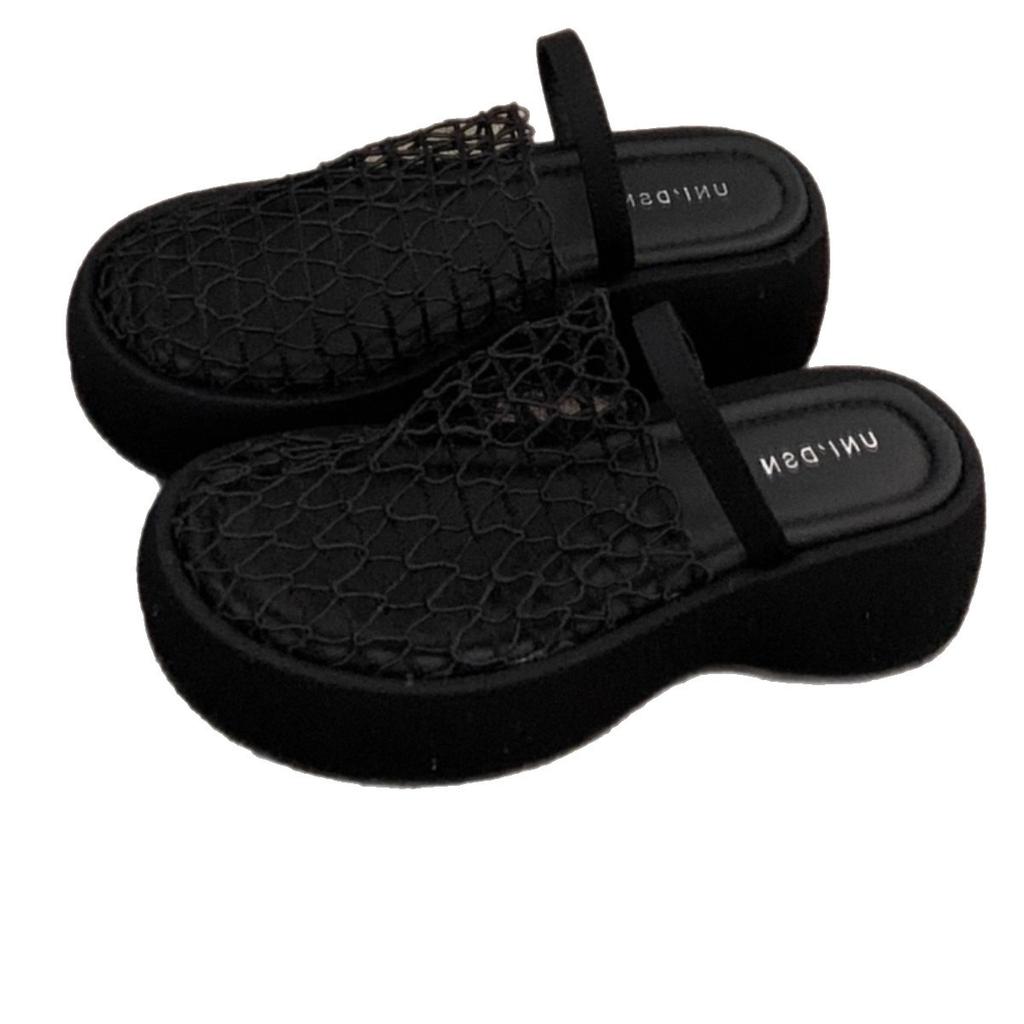 Sandaler med tjock sula och hög klack i ihålig svart tåstil för kvinnor, sommarhöjdökande halvtofflor