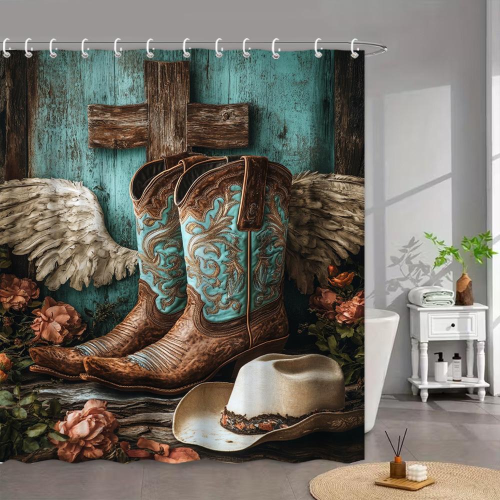 1pc Rustic Farmhouse Western Cowboy Boots & Hat Shower Curtain with Turquoise/Brown Western Design, Bath Curtain 70.8"x70.8", Ma