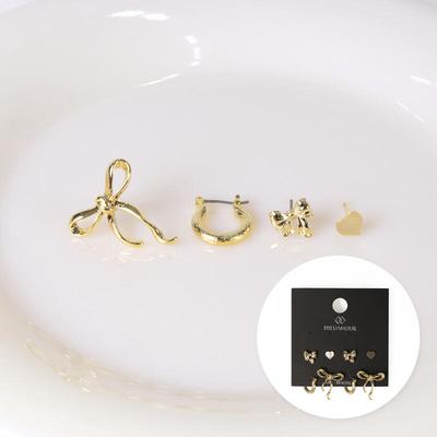 Heart Ribbon Ring 8-Set Anti-Hypertensive Earrings