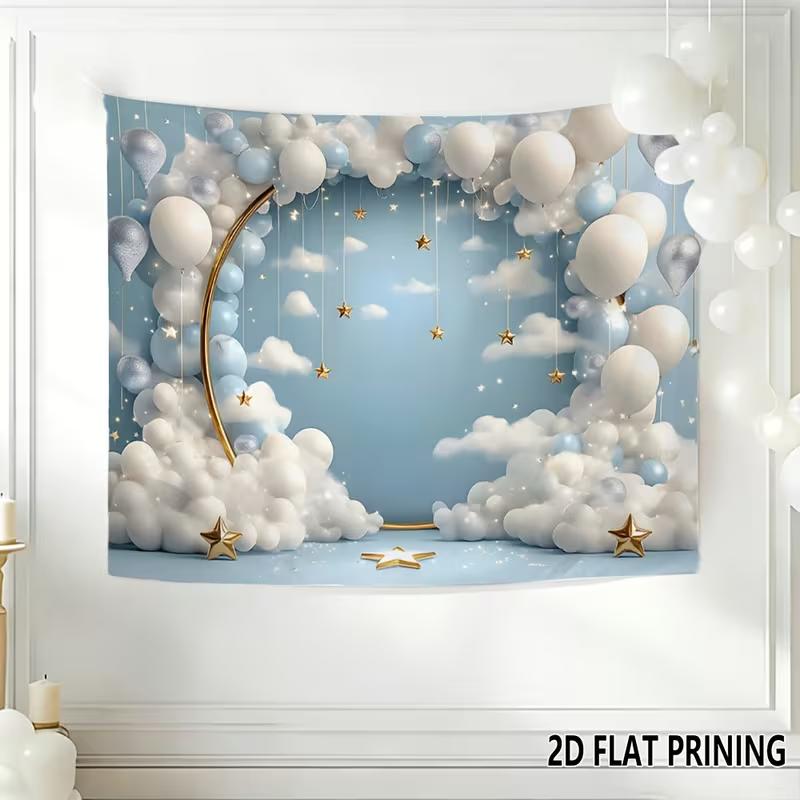 2D Blue Balloon & Star Backdrop Baby Shower & Birthday Photography Background