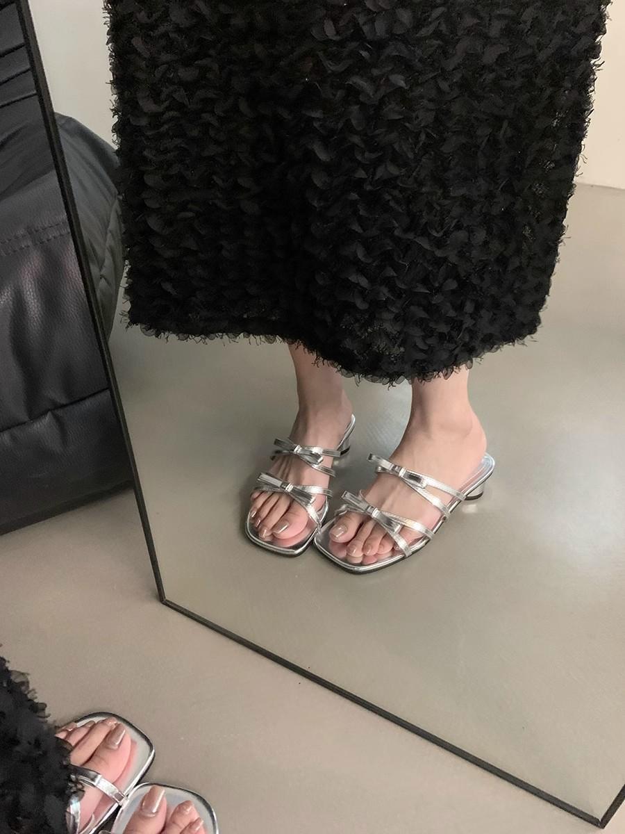 

Классные французские тапочки Bow, сказочные туфли, новинка 2025 года, повседневные праздничные сандалии с эффектом увеличения роста 39 серебряный