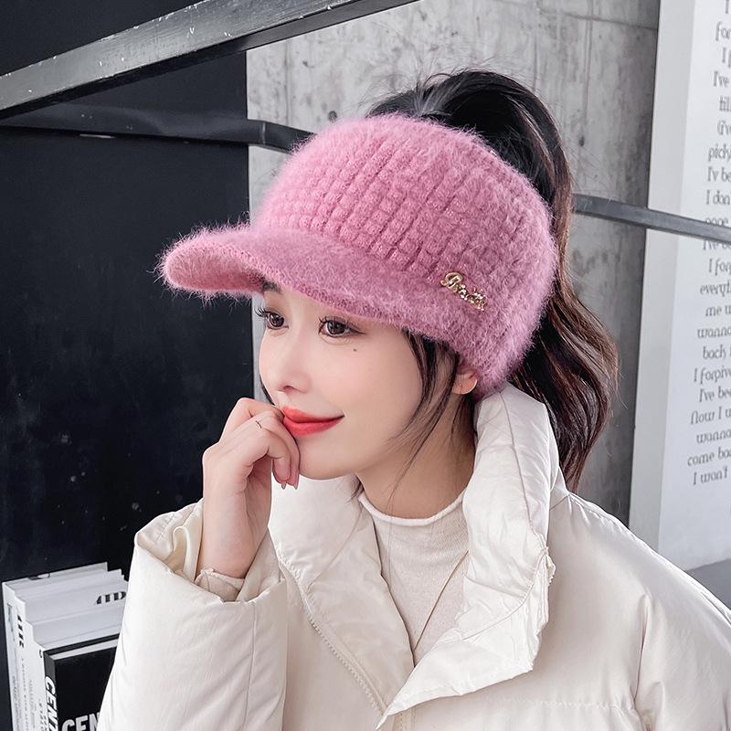 Women's Fleece-lined Wool Knitted Wide Brim Visor Hat for Autumn & Winter Sports