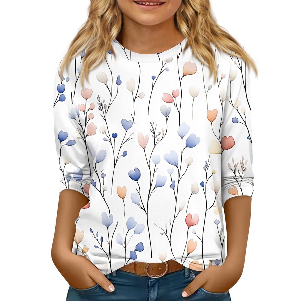 Kinder 3/4 Ärmel Tops Casual Print T-Shirt Rundhals Pullover Bluse