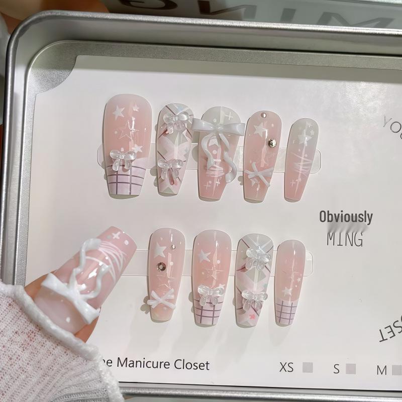 Handmade Sparkly French Lace Bow Press-on Nails: Brightening Removable Nail Art