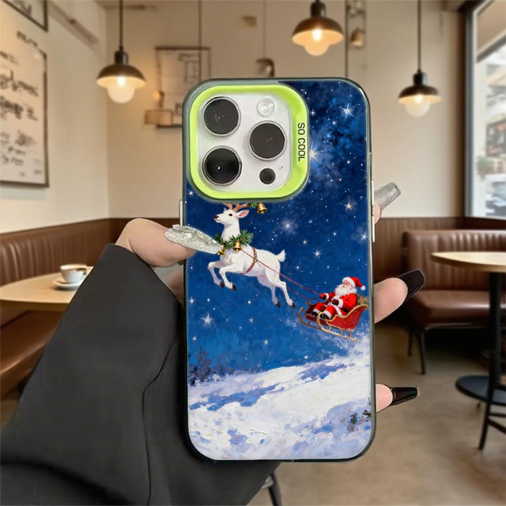 Santa Reindeer Sleigh In Snow Hard Phone Case for Iphone 16 15 14 13 12 11 Pro Max Mini Shockproof Anti-Scratch Protective Cover