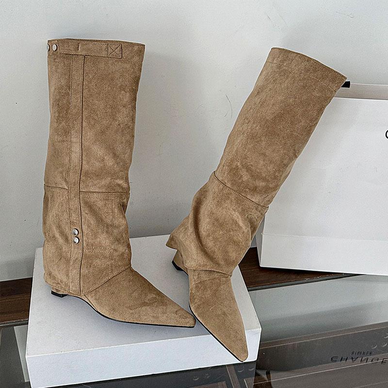 Fashion Pointed Toe Ladies Knee High Modern Boots With Wedges Shoes Fashion Flock Women Long Boots Female Low Heel Shoes Pumps lady