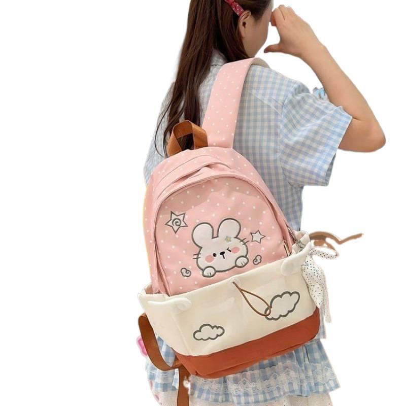 Schoolbag cute bunny contrasting color backpack primary school girl light large capacity school bag high value versatile backpack