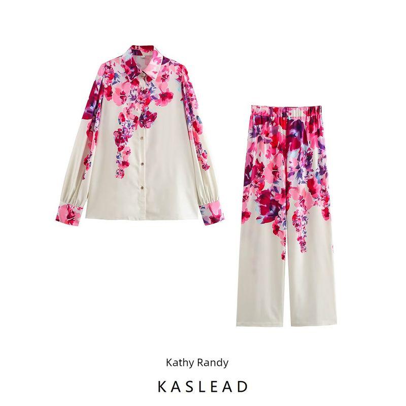 Kaslead New Arrival Women's Fashion Style Fashion Minimalist Casual Print Shirt Top and Trousers Suit