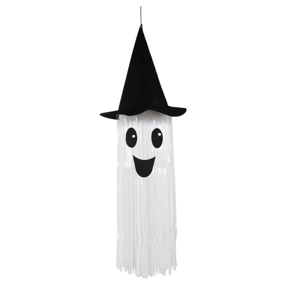 Halloween Light Up Smiling Ghost Hanging Decoration with Witch Hat Long Fringe Design for Indoor Outdoor Party Use