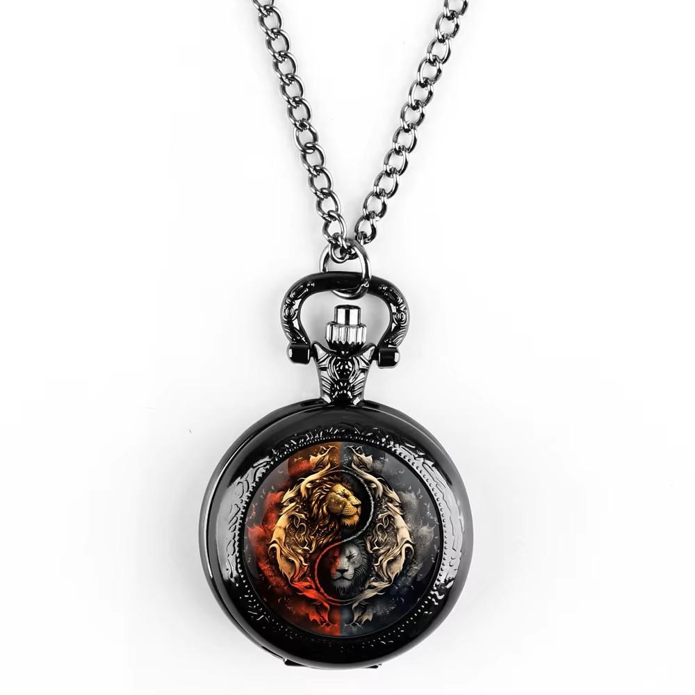 Vintage Retro Løve Leo Zodiak Astrologi Kinesisk Yinyang Kvarts Unisex Menn Kvinner Lommeur Kvarts Halskjede Anheng Klokke Kjede Klassisk Skive