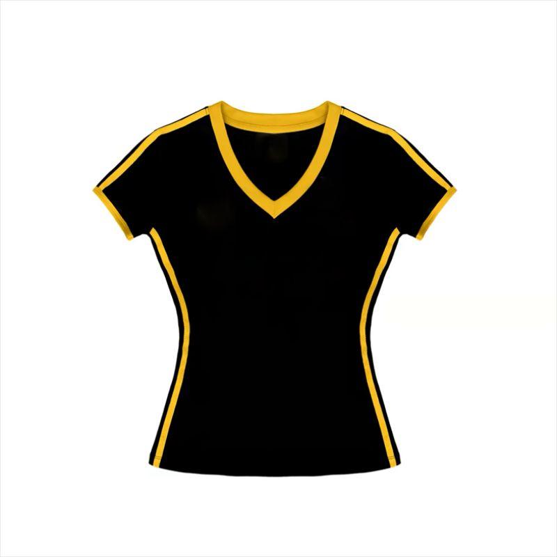 

American Retro Jersey Sports Style V Neck Short Sleeve T-Shirt Women s Summer Sexy Silm Slim Looking Shoulder Design Blouse Pure Color-Black M [Suggested 47.50 kg-52.50 kg]]