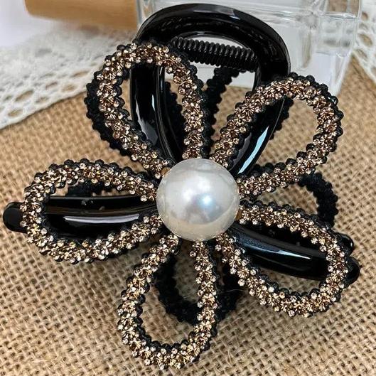 Flower Pearls Shark Clip Zircon Shiny Hair Claw Rhinestone Shark Clip  Party