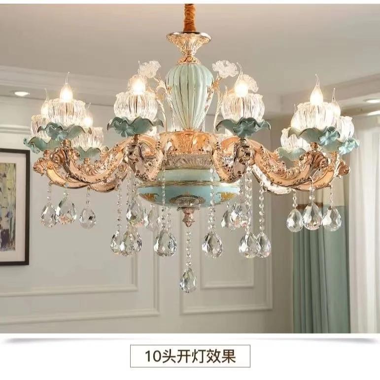 

Стеклянные кристаллы для люстр Зеленые керамические люстры Цинковый сплав Золото Освещение гостиной Хрустальные люстры для столовой Warm White