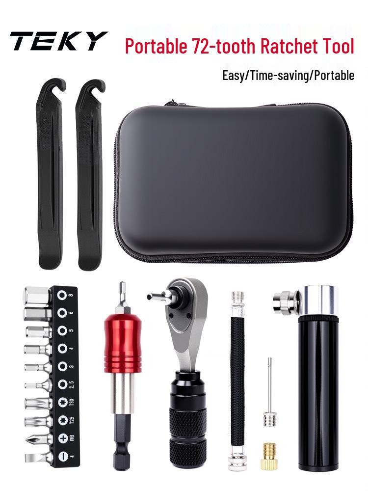 Bike Tool Kit: Ratchet Wrench, Bit Set, Tire Levers, Emergency Pump
