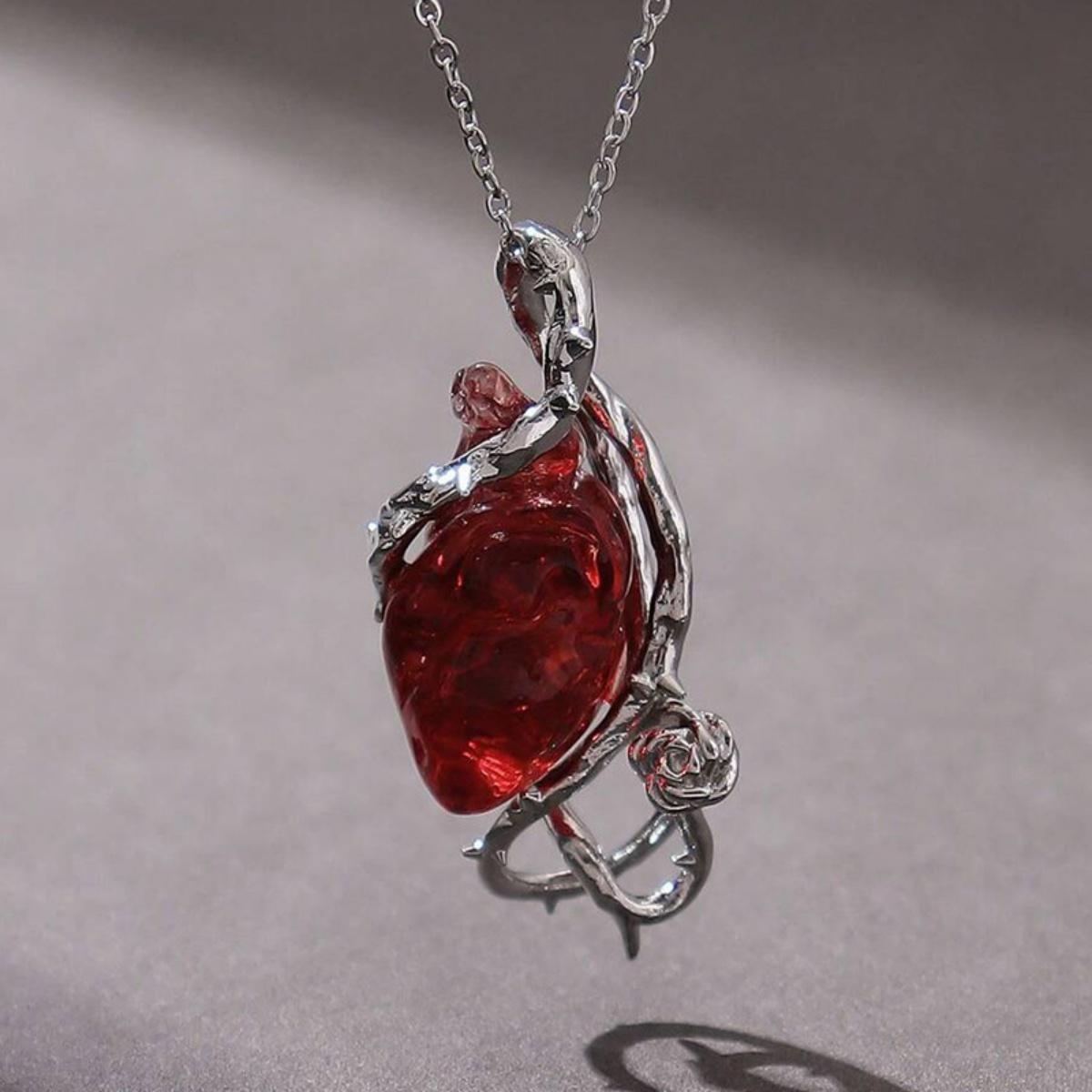 Vintage Exaggerated Thorn Rose Flower Wrap Red Heart Pendant Necklace Punk Gothic Chain Choker For Women Men Halloween Jewelry