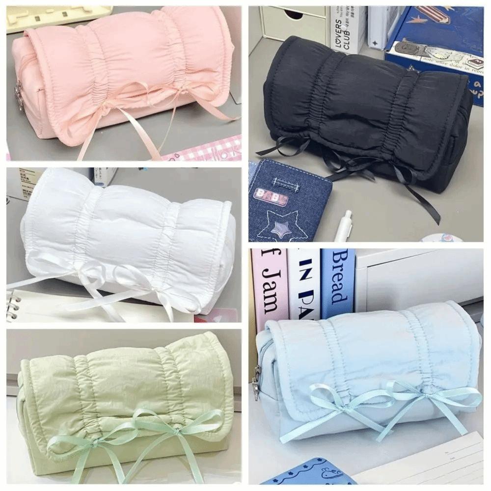 INS Bow Drawstring Pen Bag Large Capacity Stationery Storage Bag Solid Color Pencil Case  Gift