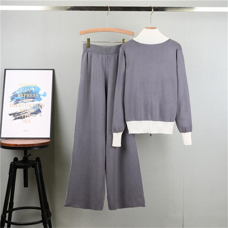 Autumn Women'S Fashion Zipper Jacket Knitted Suit Temperament Color Blocked Wide Leg Pants Two Piece Set