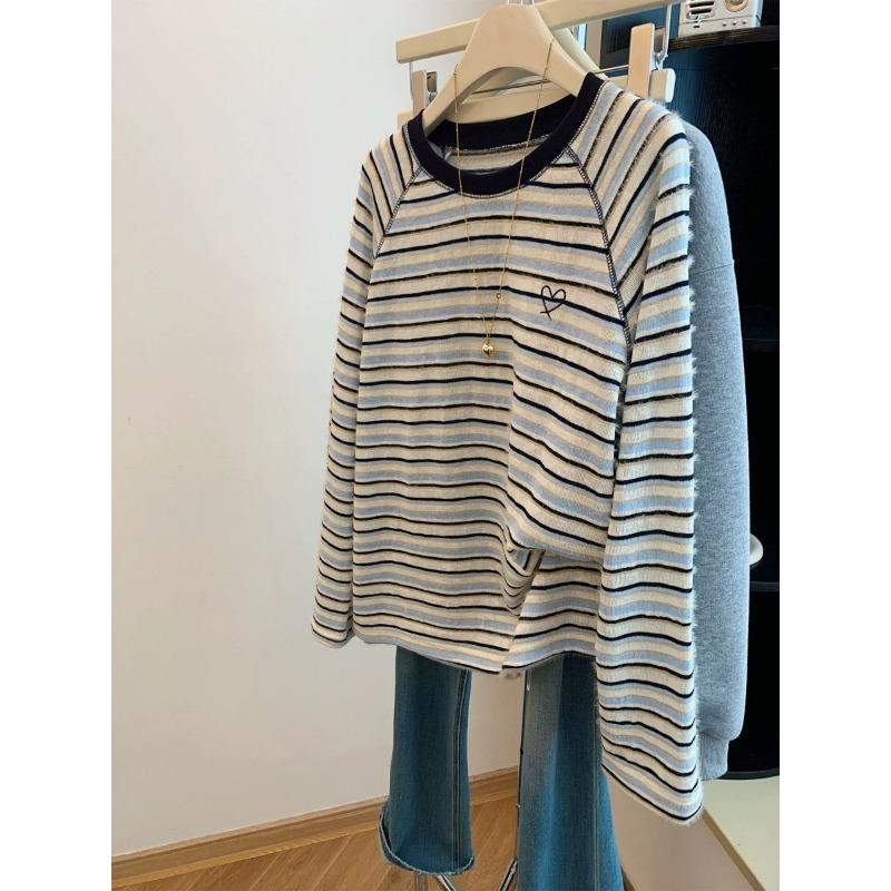 

Fashion Casual Loose Striped Embroidered Long-sleeved T-shirt Autumn Regular Heart-shaped Korean Style Top L синий