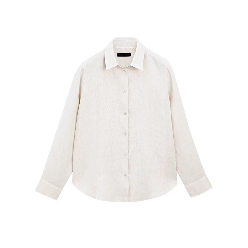MD Spring and Summer Women's Clothing Elegant Commute Style Light Linen Blend Lapel Long Sleeve Shirt Tops 5130530