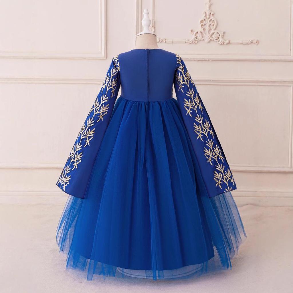 Blue Muslim Evening Dress with Long Sleeves and Puffy Tulle Skirt