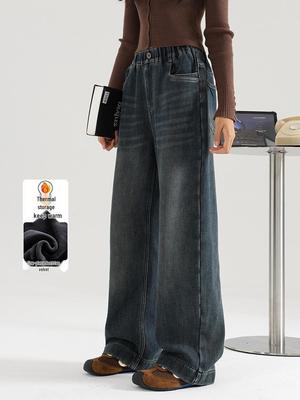 2025 Winter Girls' Plus Velvet Straight-Leg Jeans - Trendy Wide-Leg Pants for Middle Schoolers