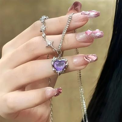 Y2k Herz Stern Anhänger Halskette Damenmode Cool Silberfarbene Kette Strass Schlüsselbeinkette Alltagsschmuck Geschenke
