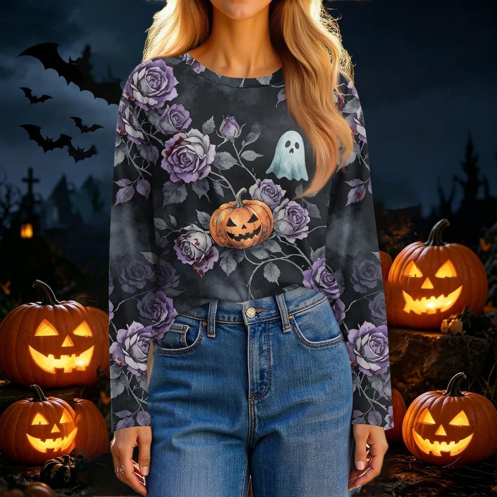 Women's Fashion Casual Long Sleeve Halloween Print Crewneck Top