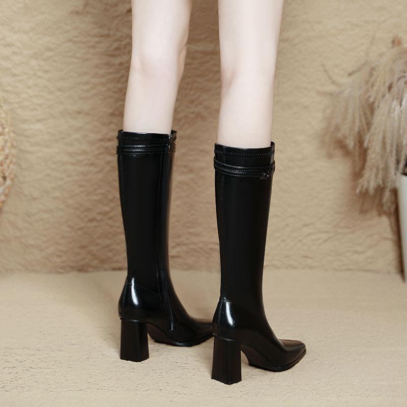 High-heeled boots, pointed fashion, high-heeled boots, thin, thick heels, but knee-length leather boots