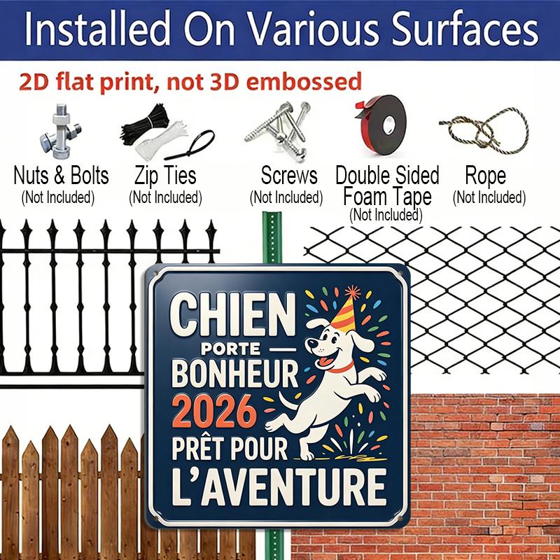 2D Flat, 1pc Vintage French Lucky Dog Adventure 2026 Metal Aluminium Plaque, Retro Wall Art with Chien Porte Bonheur Text, Minimalist Pet Decor for