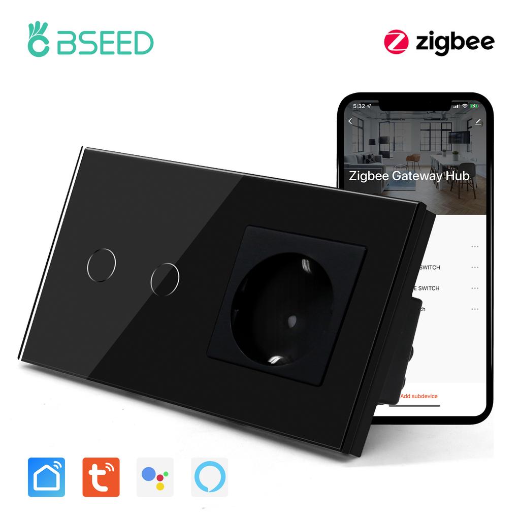 BSEED Zigbee 1/2/3Gang Wall Touch Switches With Normal EU Socket USB Type-C Ports Tuya Smart Life App Ccontrol Glass Panel