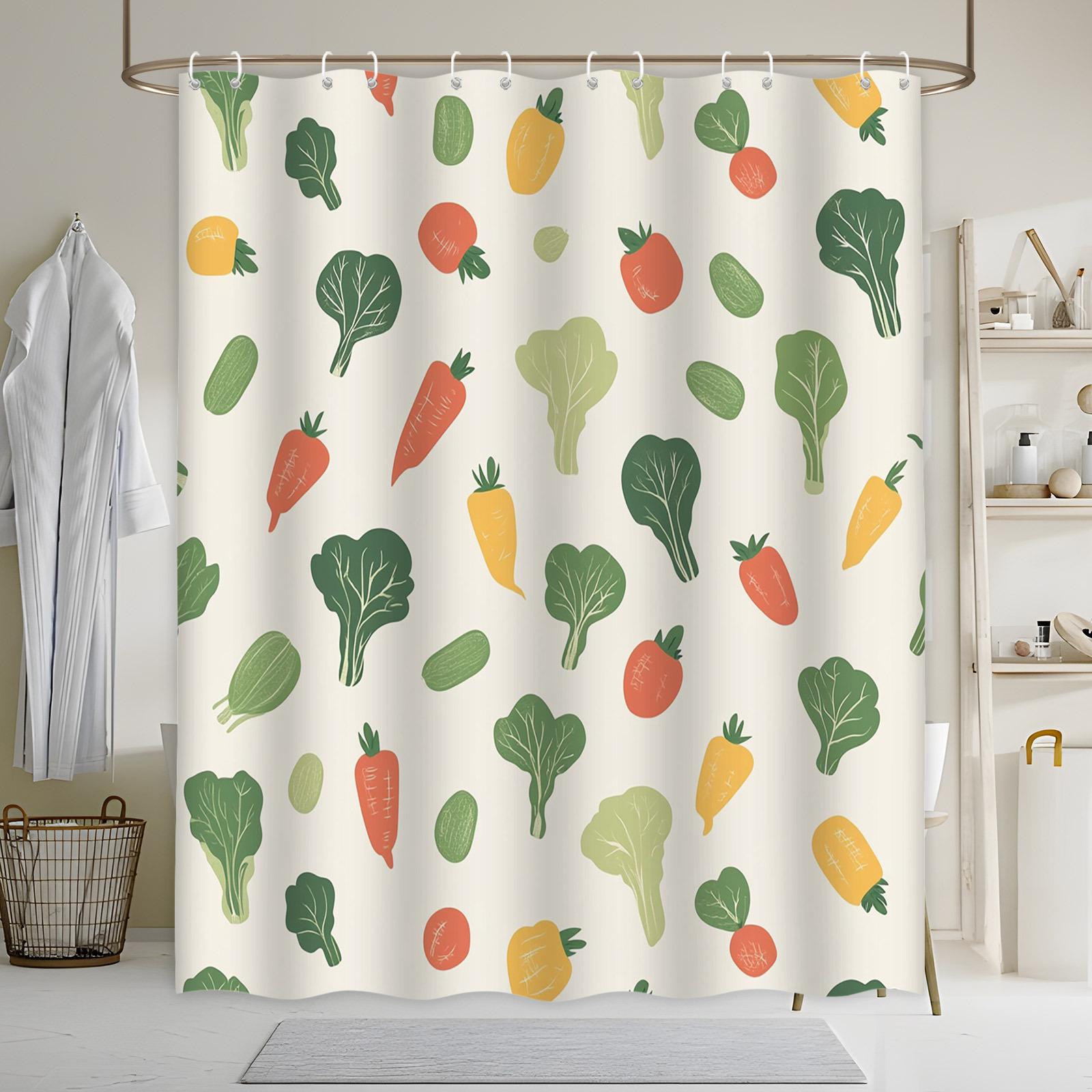 

Minimalist Vegetable Pattern Bath Curtain - Playful Leafy Greens, Carrots & More, Cream Background, Polyester, Machine Washable W90xH180cm