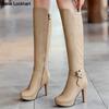 Knee High Heels Boots Platform Woman Autumn Winter Long Boots Mujer Ankle Strap Buckle Apricot Thin Heels Zip Boots
