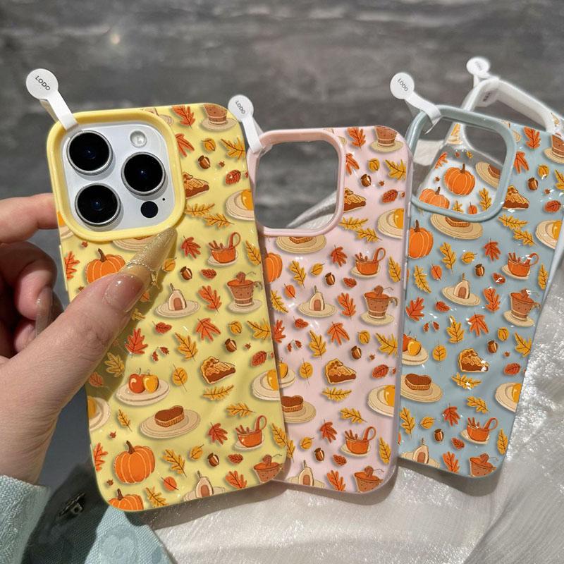Cartoon Leaves Pumpkin Pattern Phone Case For iPhone 17 Air 11 12 13 14 15 16 Pro Max Plus Folds Texture Shockproof Soft Cover