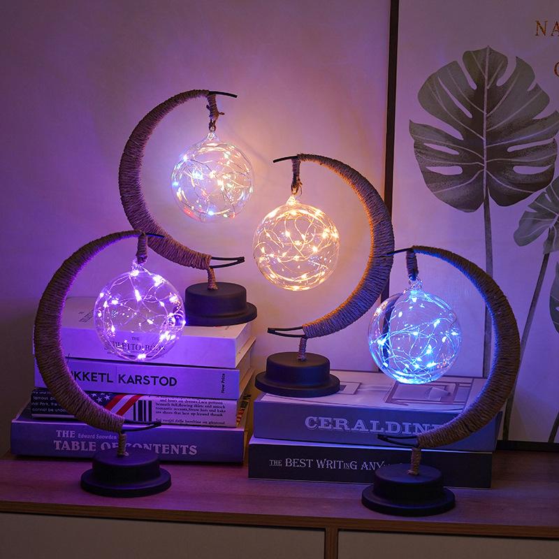LED Star and Moon Vine Ball Desk Lamp with Hemp Rope and Iron Art - USB Decorative Night Light