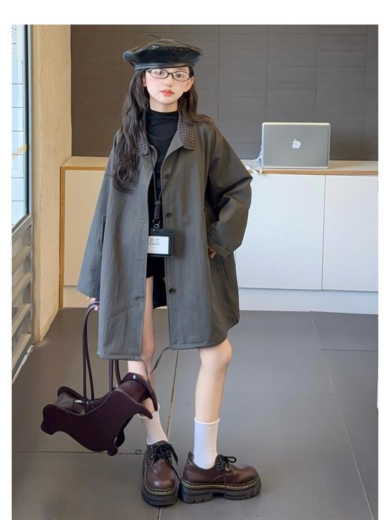 Mädchen Midilanger Trenchcoat: 2025 Frühling/Herbst Koreanischer Stil für Kinder - Lockerer, lässiger Schnitt