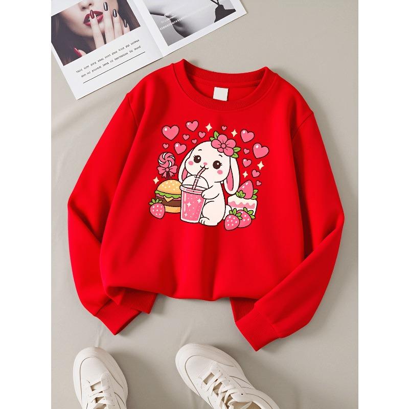 European sizes Girls Soft Crewneck Sweatshirt Cute Bunny Drinking Strawberry Milk Print, Casual All-Match, Ideal Holiday Present