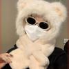 Winter Cute Bear Plush Hat and Scarf Integrated Women's Versatile Warm Fleece Lined Cute Neck Warmer