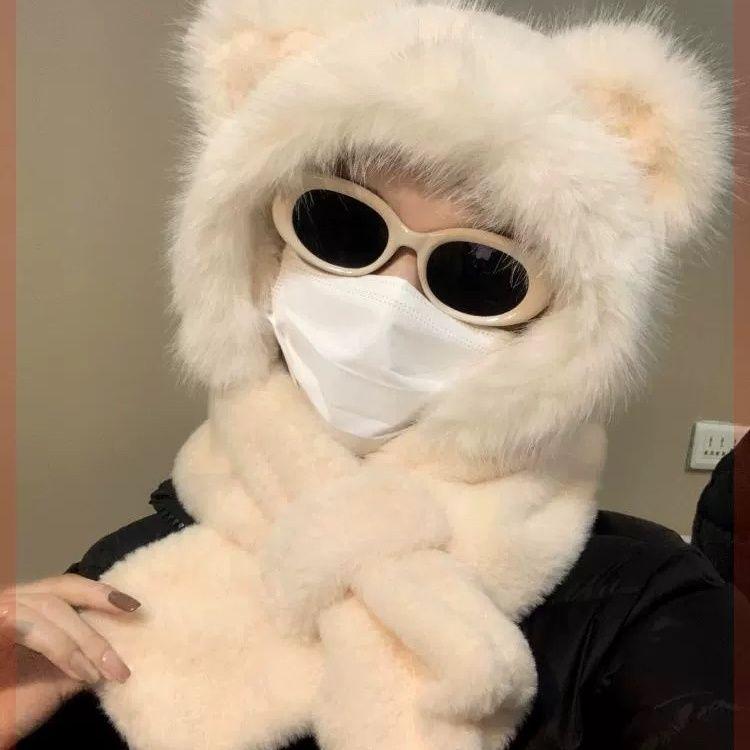 Winter Cute Bear Plush Hat and Scarf Integrated Women's Versatile Warm Fleece Lined Cute Neck Warmer