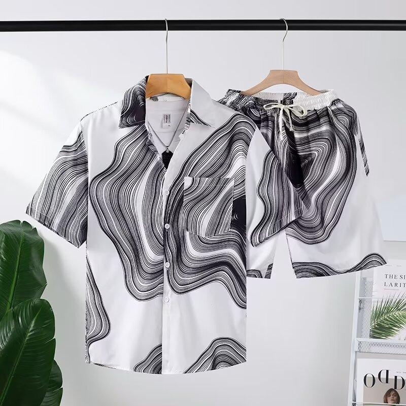 Classic Comfortable Tie-dye Watercolor Ink Color 3D Print Shirt +Shorts Two Piece Set Short Sleeve Flip Collar Shirts Half Pants