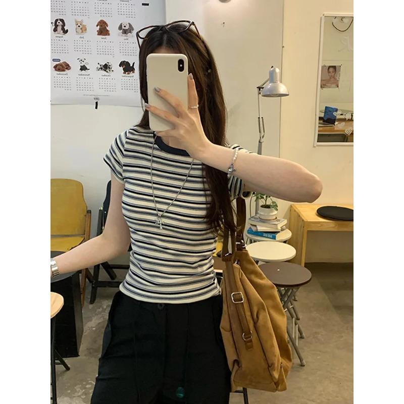 Contrast Striped Right Shoulder Short-sleeved T-shirt for Women Summer New Slim Fit Round Neck Short Top for Small People