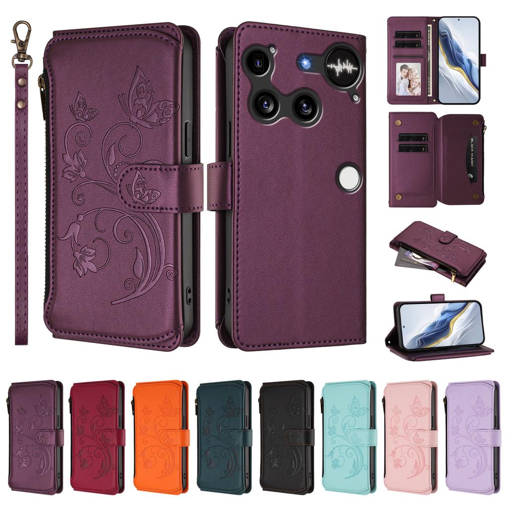 For Nothing Phone (3) 5G Leather Case Butterfly Floral Imprint Zipper Wallet Stand Cover with Wrist Strap