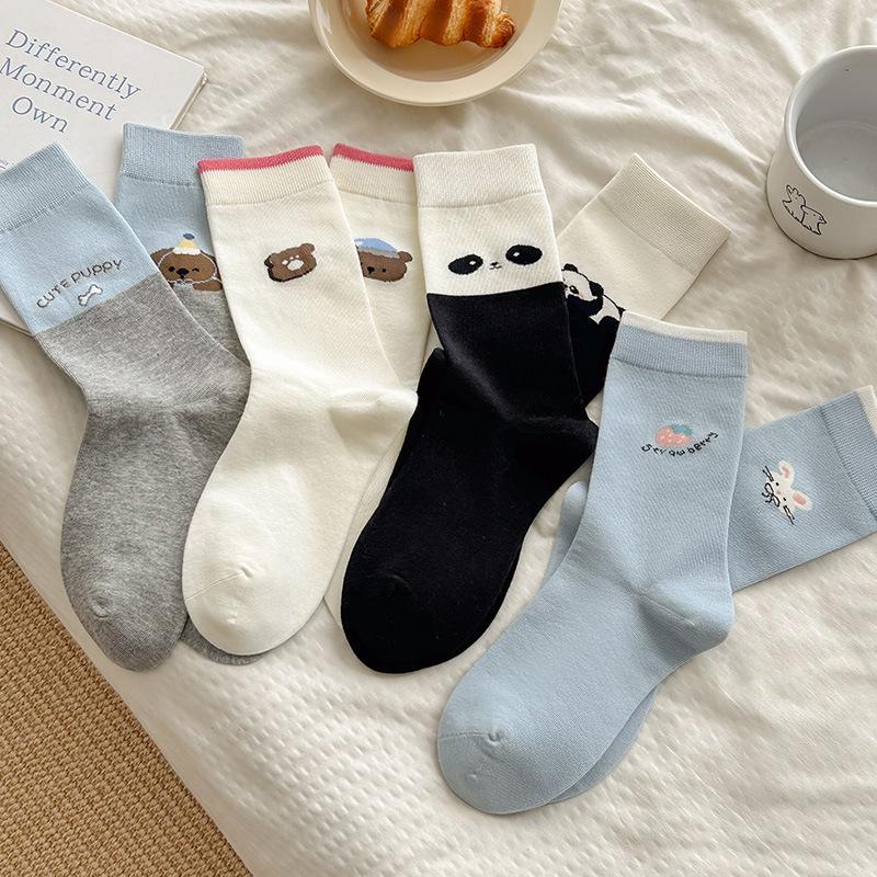 Female Autumn New Cartoon Match Color AB Precollege Style Boneless Tube Stack Socks