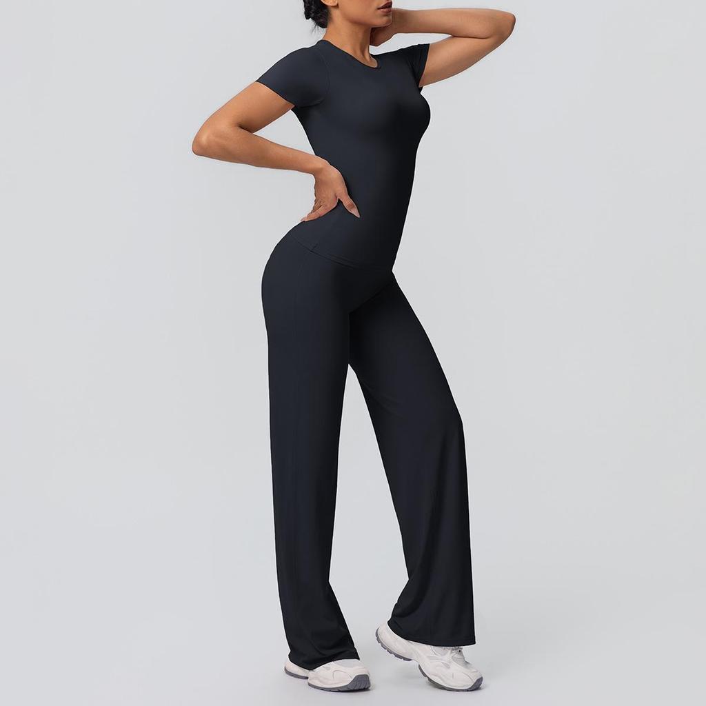Tvådelad Enfärgad Yoga-dräkt: Dubbelsidig borstad långärmad topp med vida byxor för träning, löpning och fitness