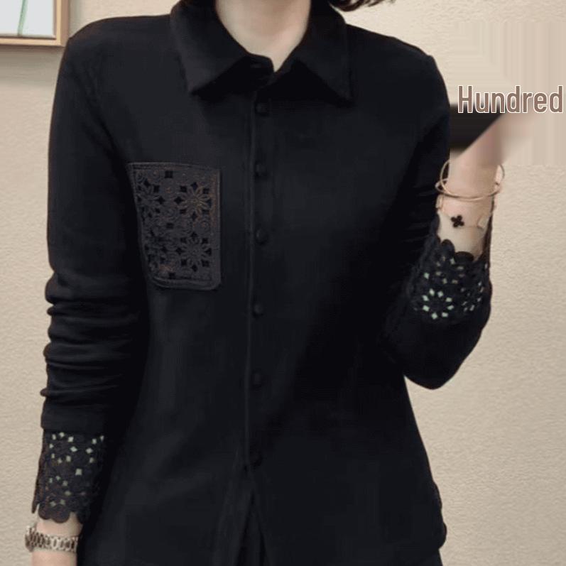 

2025 Women s Slimming Long Sleeve Fleece Shirt with Stylish Collar 5XL (75-82.5 kg) чёрный