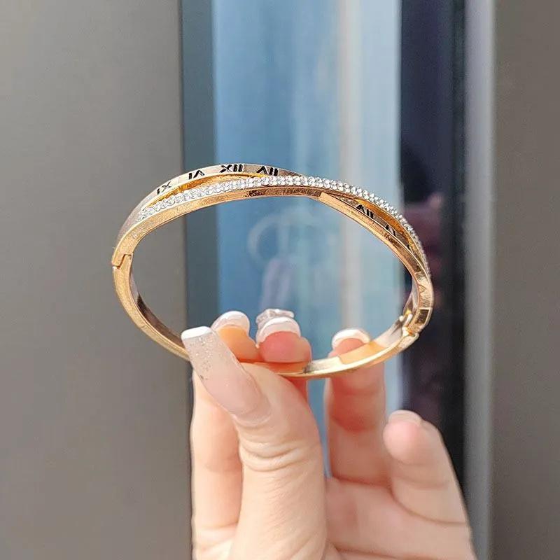 Elegant Crossed Bangle Bracelet with Roman Numeral Engraving and Embedded Rhinestones for Women Fashion Jewelry Accessory