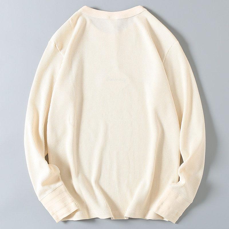 Export Factory Leftover Stock Spring New American Waffle Long-Sleeved T-shirt Men's Solid Color Casual round Neck Bottoming Shirt Fashion