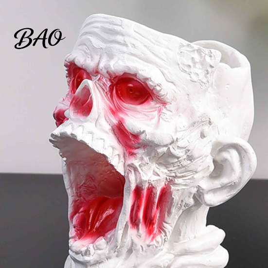 Dark Home Office Decor Gothic Skull Pen Holder, Realistic Zombie Head Makeup Brush Organizer, Large Capacity Desktop Niche Art Piece Storage