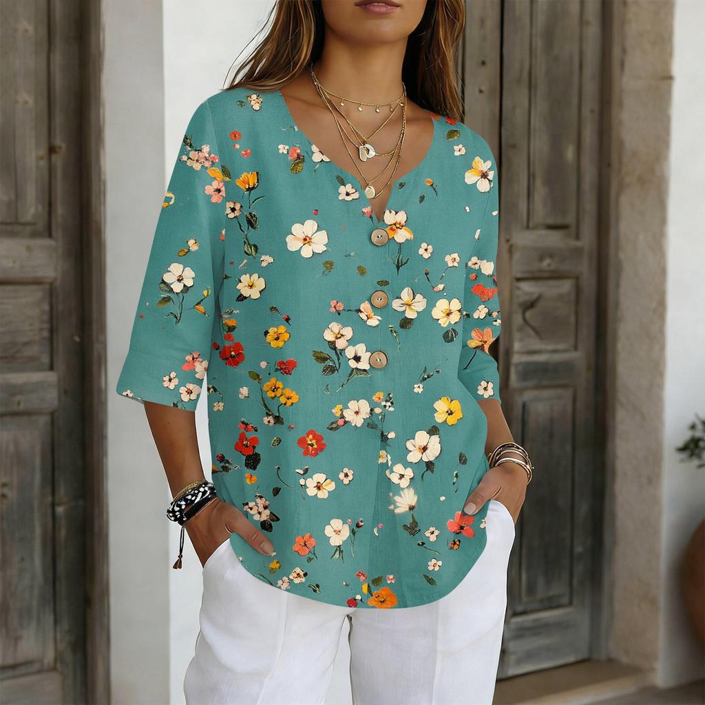 Damenhemden Elegante Freizeit-T-Shirts 3/4-Ärmel Tunika-Oberteile Basic-T-Shirts Pullover Arbeitsblusen